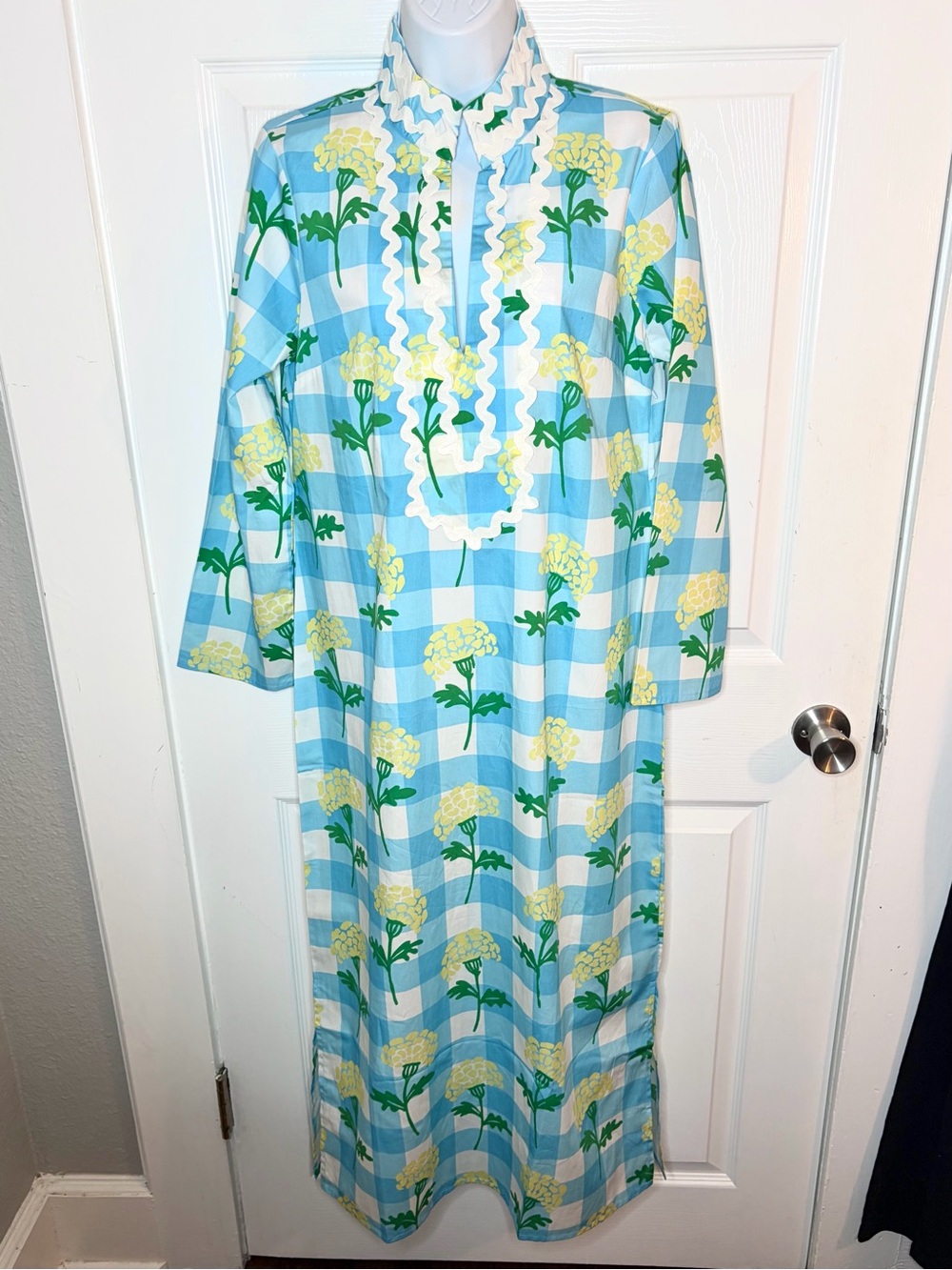 SAIL TO SABLE Long Sleeve Cotton Blue Gingham Floral Print Midi Dress M NWT - Picture 3 of 11